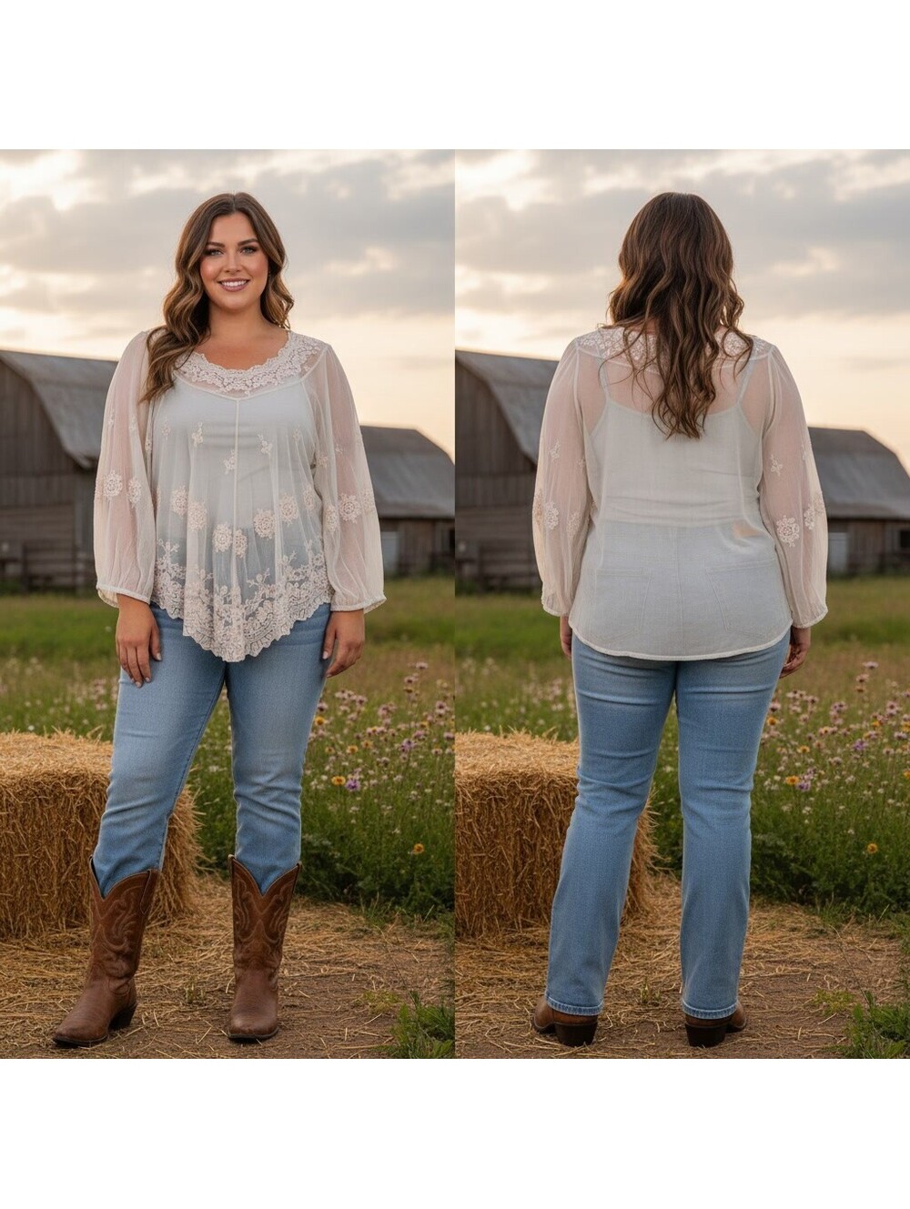 1955 - XCVI Women's Sheer Embroidered Lt Grey Top XL